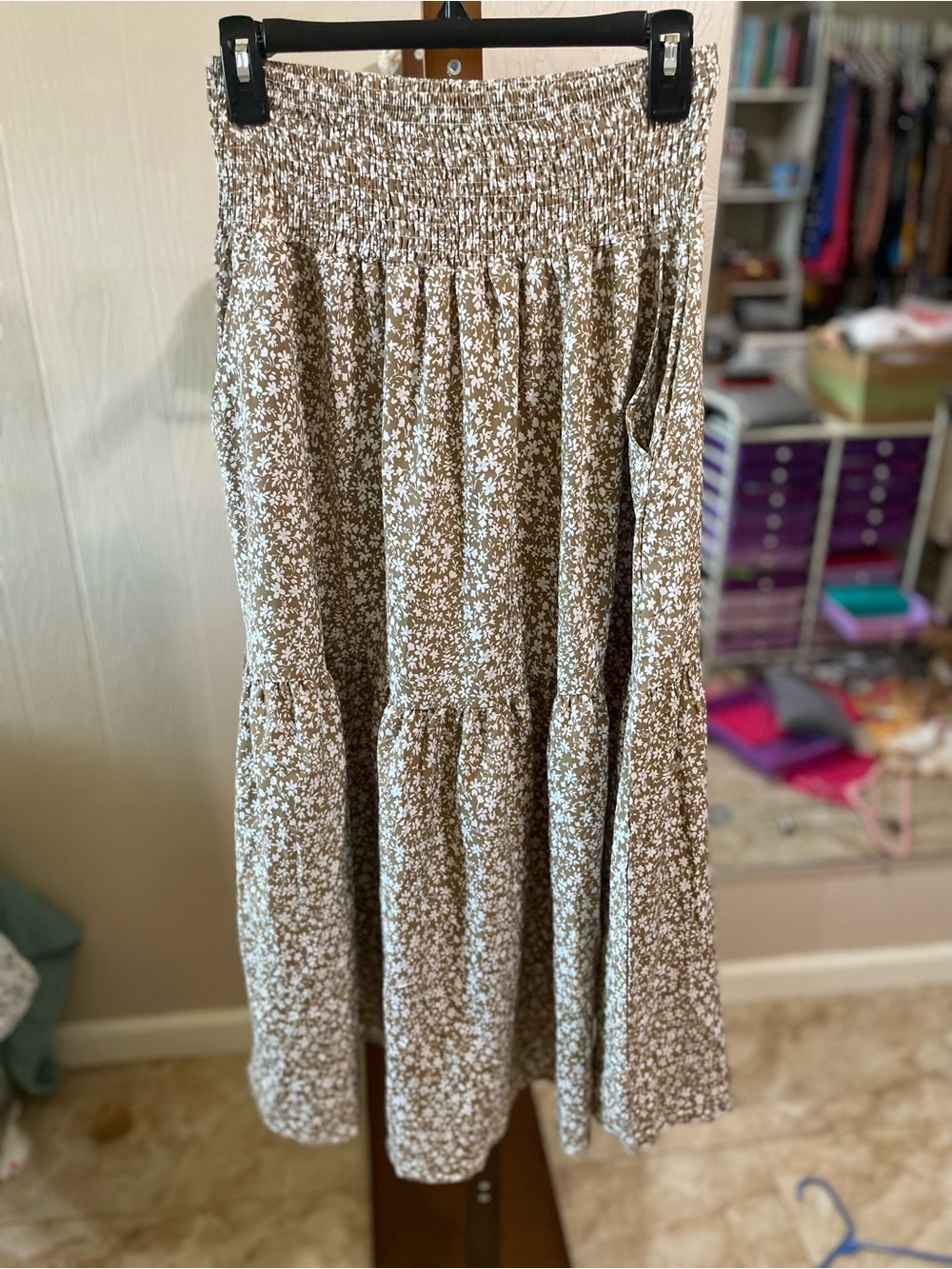 Brown Floral Tiered A-Line Skirt with Smocked Waist